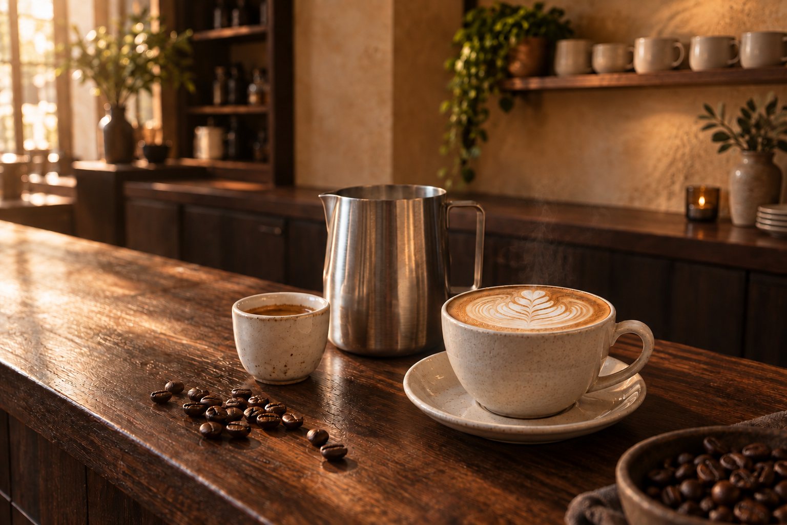 Editorial café scene: latte art, espresso and brushed steel on a walnut counter; not a shortlisted product